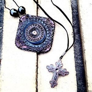 Pair of Artsy Ceramic Sun & Cross Pendants